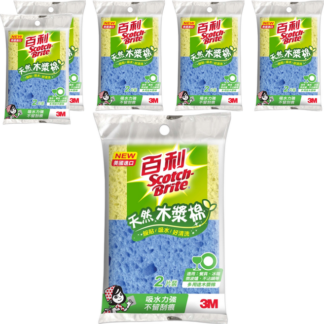 3M Scotch-Brite 百利 多用途天然木漿棉 黃色 + 藍色, 2片, 6包