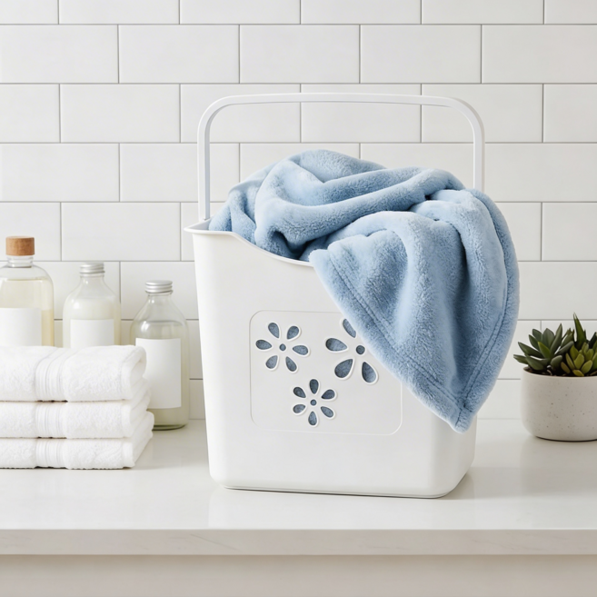 엠비코 손잡이가 편한 모던 플라워패턴 빨래바구니, 화이트