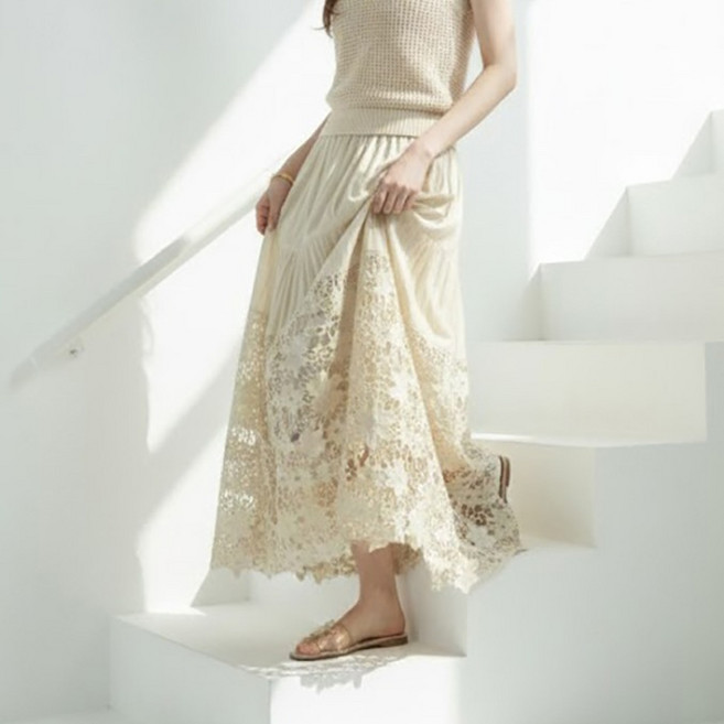 페이퍼먼츠 알나츠 레이스 밴딩 롱 스커트 14569