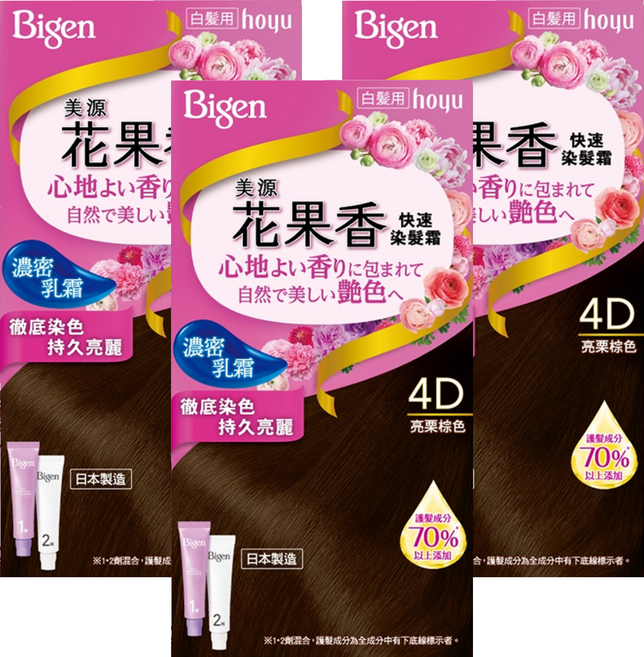 Bigen 美源 花果香快速染髮霜, 4D亮栗棕色, 3盒