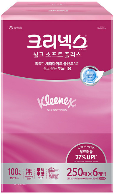 크리넥스 실크 소프트 플러스 천연펄프 미용티슈 2겹, 6개, 250매