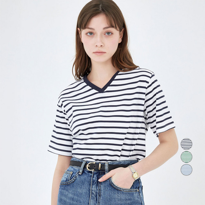 ELLE PARIS 여성용 브이넥 스트라이프 반팔 티셔츠