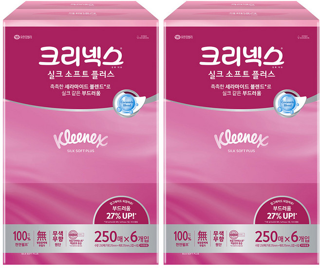 크리넥스 실크소프트 천연펄프 미용티슈 2겹, 250매, 12개