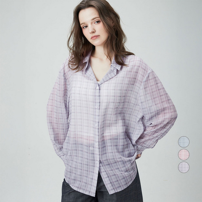 ELLEPARIS 여성용 시어한 투명 수채화 체크 긴팔 셔츠 + 곱창밴드 세트