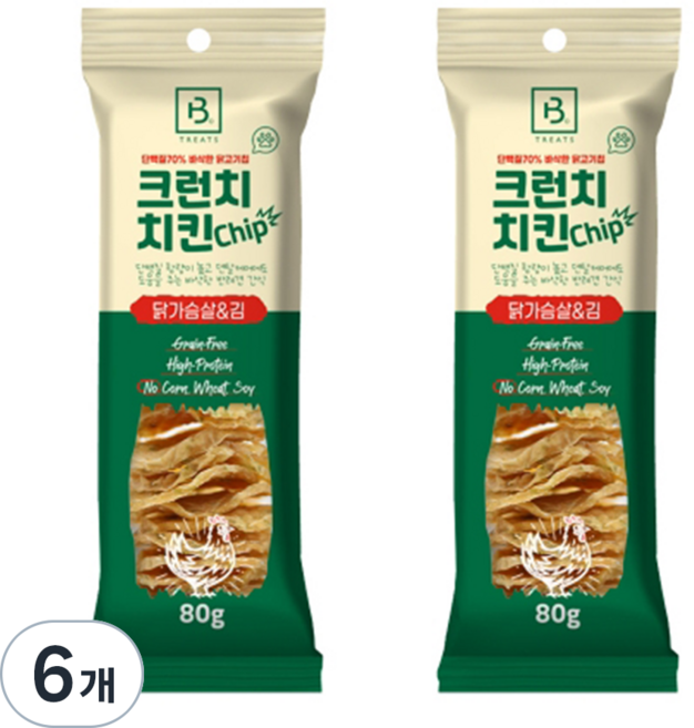 브리더랩 강아지 크런치 치킨 칩, 혼합맛(닭가슴살/김), 80g, 6개