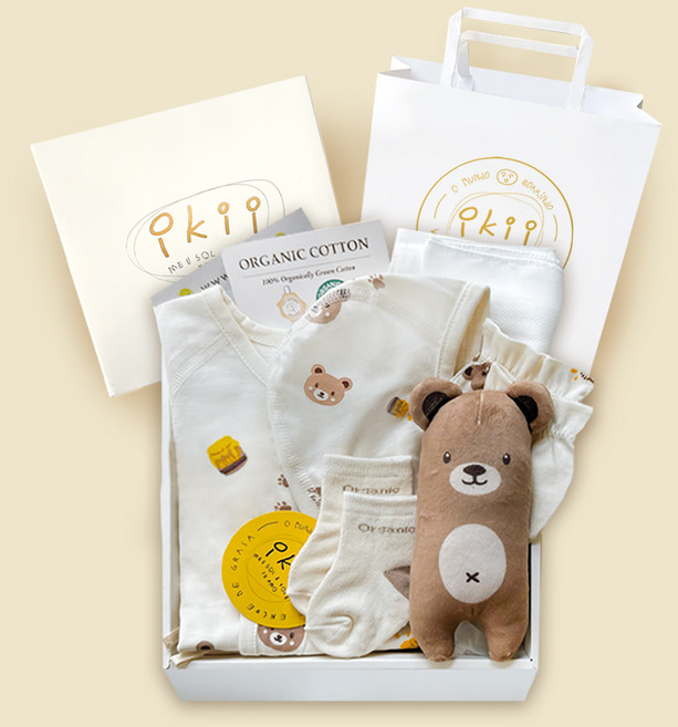 ikii 신생아 오가닉 긴소매 바디슈트 출산 선물세트 + 쇼핑백