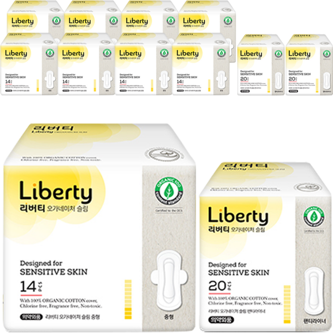 리버티오가네이처 순면커버 슬림 생리대 날개형 중형 14p x 3p + 롱라이너 20p, 3세트