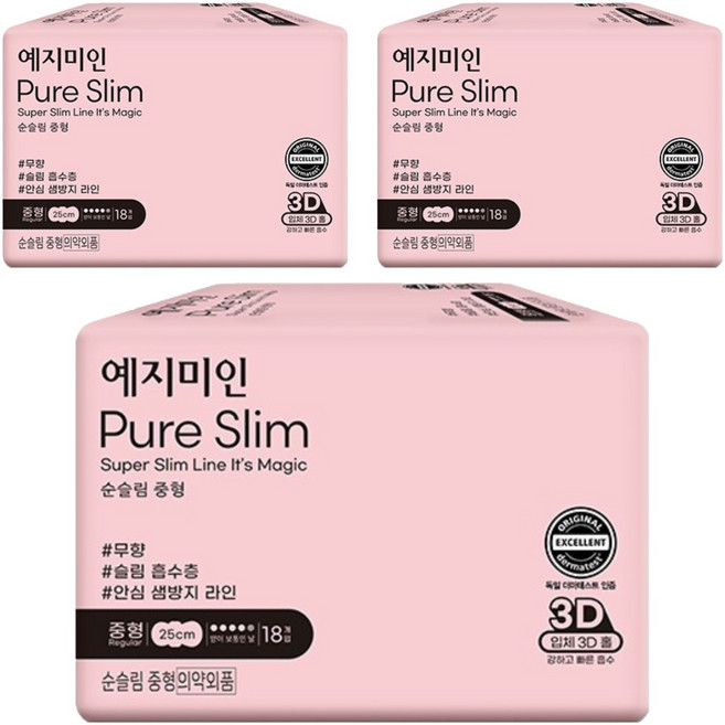 예지미인 뉴 순슬림 생리대 날개형, 중형, 18개입, 3개