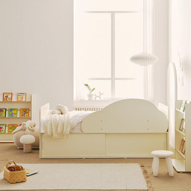 소르니아 아동용 토니 슬라이딩 빅 수납 침대 프레임 + 자동차 안전가드 세트 방문설치, 아이보리