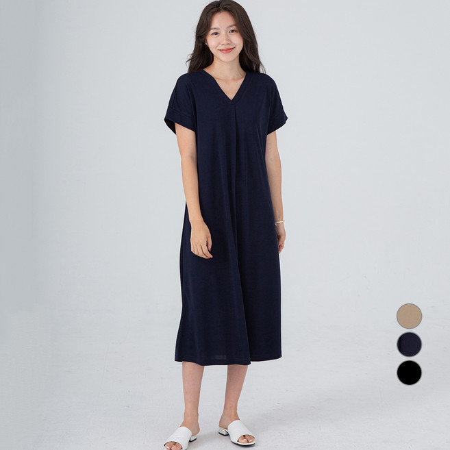 캐럿 여성용 찰랑 브이넥 반팔 원피스