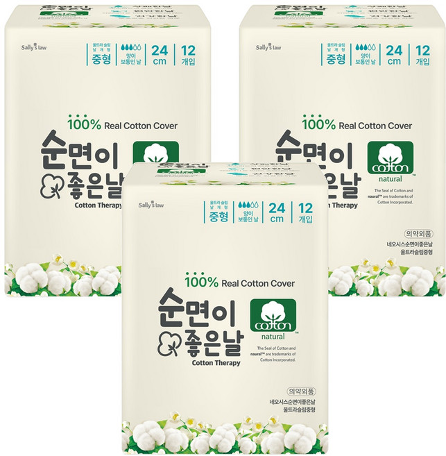 순면이 좋은날 생리대, 중형, 12개입, 3개