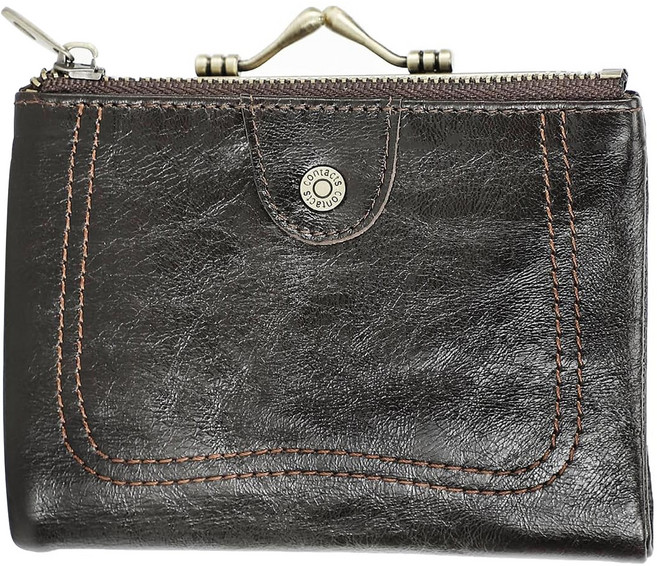 RFID 真皮頭層牛皮翻頁卡位女士皮夾錢包口金包短夾女夾 LH1007