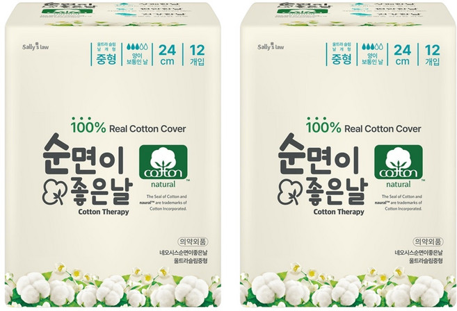 순면이 좋은날 생리대, 중형, 12개입, 2개