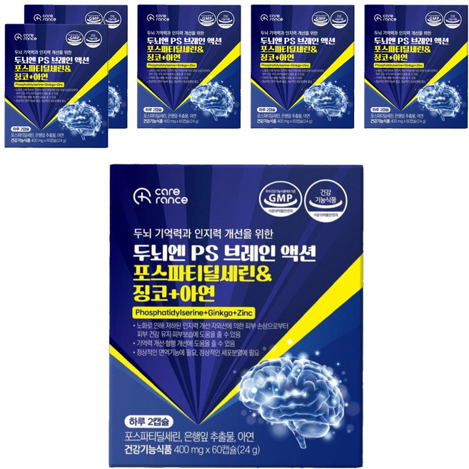 케어란스 두뇌엔 PS 브레인 액션 포스파티딜세린 징코 아연 영양제 2.4g, 3개, 6정
