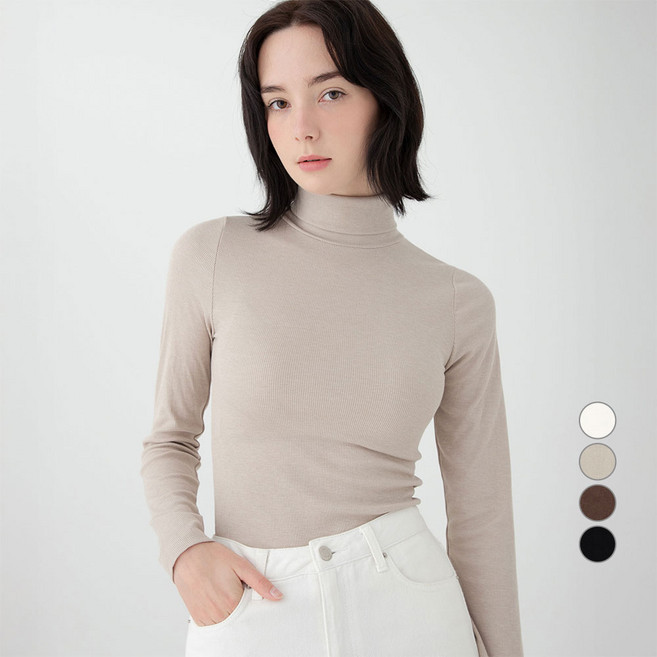 ELLE PARIS 여성용 데일리 긴팔 터틀넥 골지 티셔츠