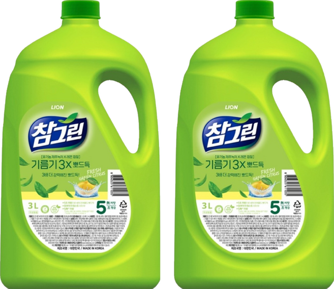 참그린 레몬 녹차 뽀드득 어드밴스 주방식기세제 용기, 3.1kg, 2개