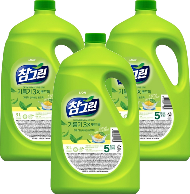 참그린 레몬 녹차 뽀드득 어드밴스 주방식기세제 용기, 3.1kg, 3개
