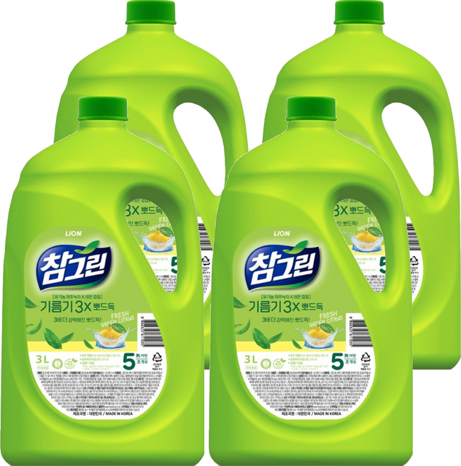 참그린 레몬 녹차 뽀드득 어드밴스 주방식기세제 용기, 3.1kg, 4개