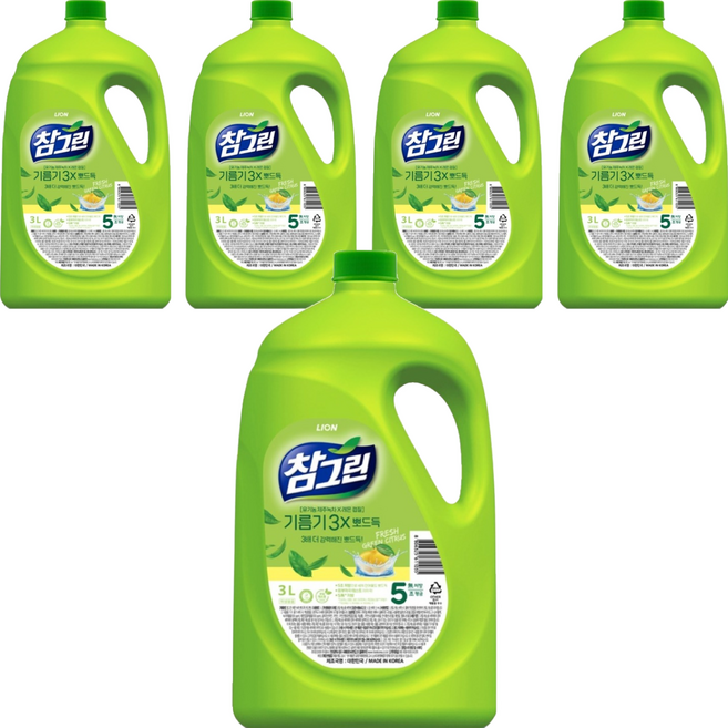 참그린 레몬 녹차 뽀드득 어드밴스 주방식기세제 용기, 3.1kg, 5개