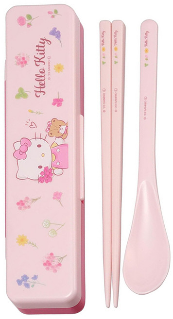Sanrio 三麗鷗 Hello Kitty 凱蒂貓 4件組, Hello Kitty 凱蒂貓 粉紅色, 湯匙 + 筷子 + 叉子 + 收納盒, 1組