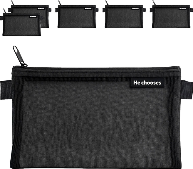 문구담 메쉬 파우치형 필통, 블랙, 6개