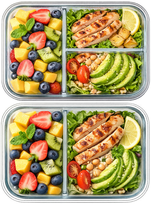 발룬피니 내열유리 나눔 칸막이 밀폐용기, 1세트, 직사각 1040mL 2칸+3칸