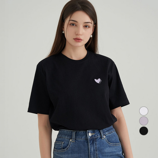 ELLE PARIS 여성용 통기성 하트 자수 반팔 티셔츠