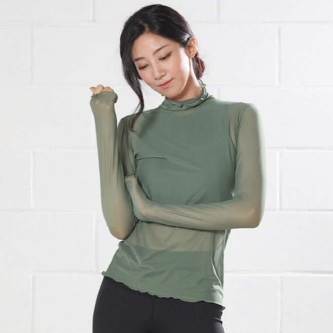 천상여우 여성용 메쉬 넥 긴팔 요가 티셔츠