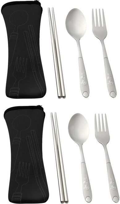 不鏽鋼餐具4件組 CHN331, 筷子 + 湯匙 + 叉子 + 收納袋, 顏色隨機, 2套