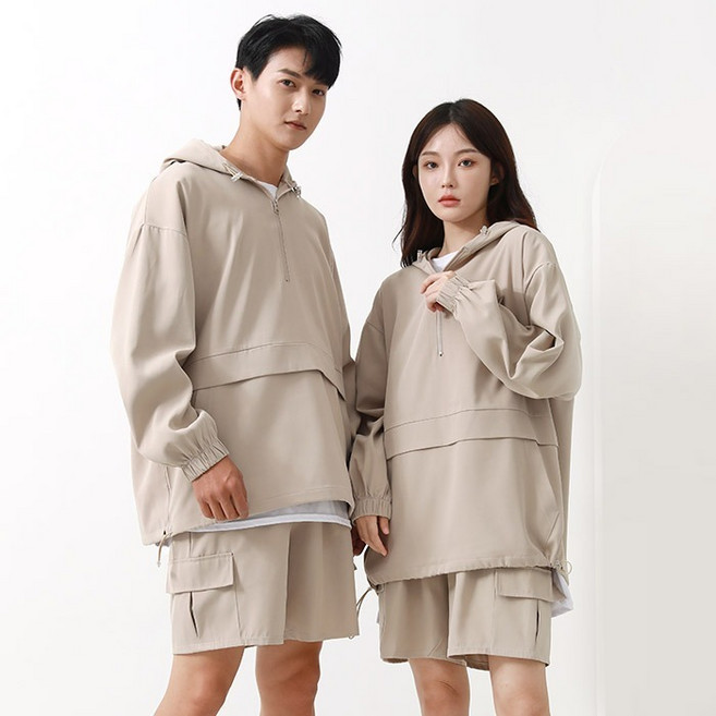 턴키 남녀공용 빅사이즈 아노락 후드 반집업 + 반바지 세트 AJ-1150