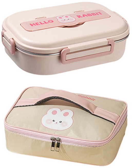 Mega 可愛粉色小兔五格便當盒 + 便當袋 28 x 20 x 7.5cm, 粉色小兔, 1組