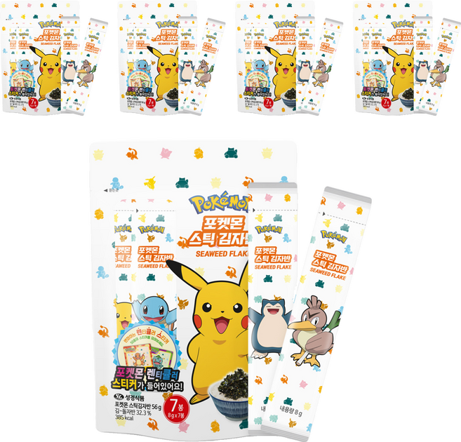 지도표성경 포켓몬 스틱 김자반 8g x 7p 랜덤발송 + 렌티큘러 스티커 랜덤발송 세트, 56g, 5개
