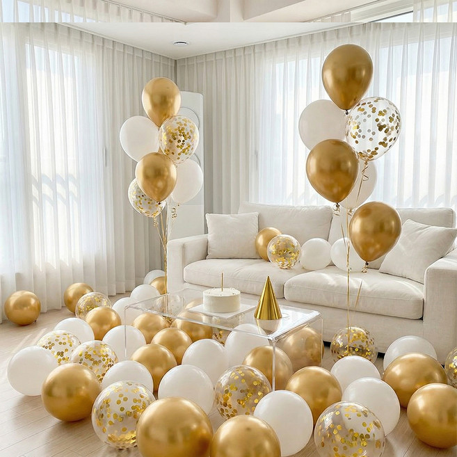 뷰라뷰 파티풍선 50p + 공기펌프 + 10m 리본 1롤, 05 골드 + 화이트 + 골드스팽글, 1세트