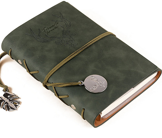 프롬아떼 빈티지 사슴 인장 6공 가죽 만년 무지 A6 다이어리, 그린, 1개