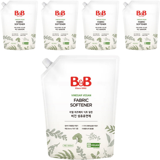 비앤비 유아 무향 비건 섬유유연제 리필형, 1.5L, 5개