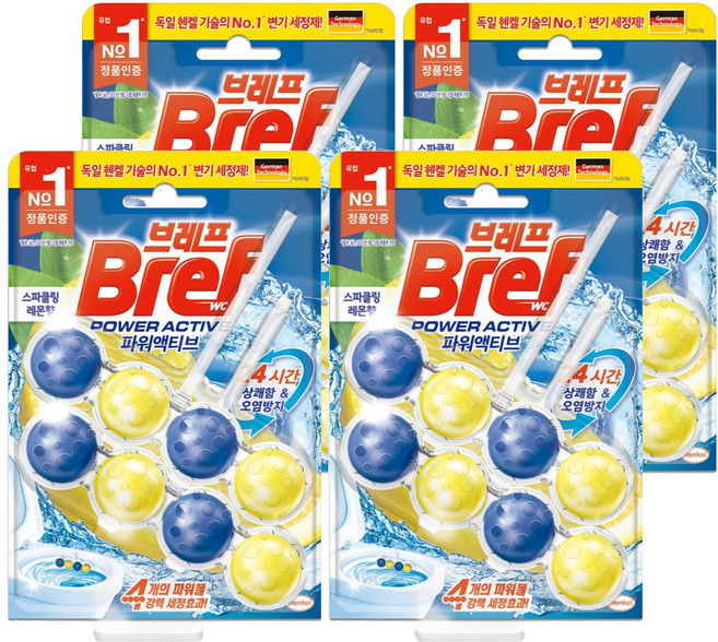 브레프 파워액티브 변기세정제 스파클링 레몬향, 100g, 4개
