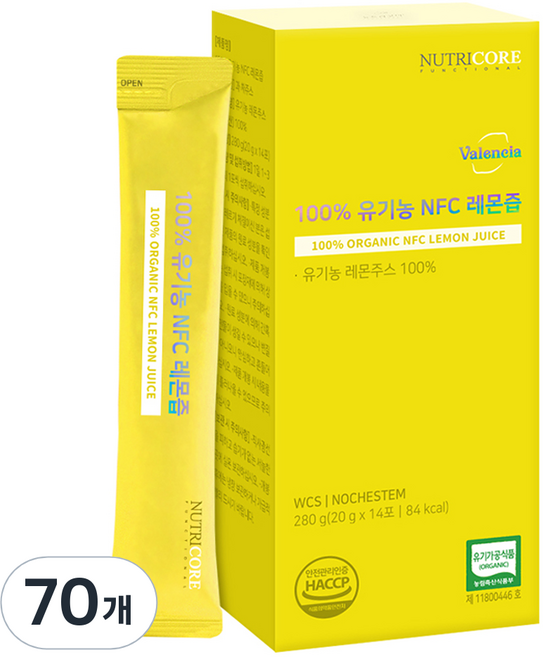 뉴트리코어 유기농 NFC 레몬즙, 20g, 70개