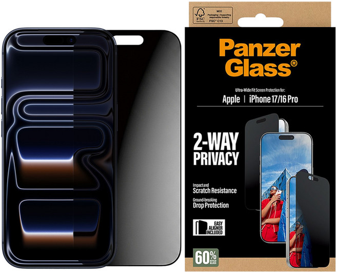 PanzerGlass 智慧型手機 鋼化玻璃 螢幕保護貼 for iPhone 17/16 Pro 2-Way Privacy 9H Hardness 防指紋 防摔 附簡易矯正器 防窺透明色