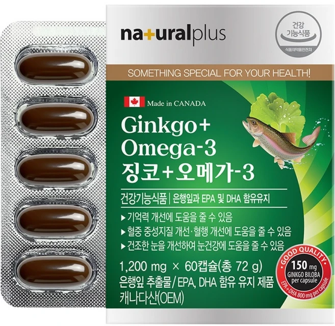 내츄럴플러스 징코 + 오메가 3, 60정, 1개 - 쿠팡