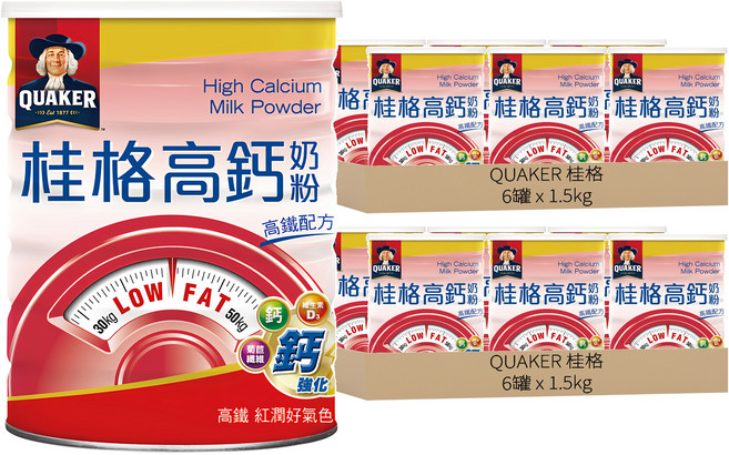 QUAKER 桂格 高鈣奶粉高鐵配方, 1.5kg, 12罐