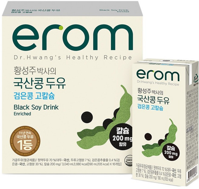 이롬 황성주 박사의 국산콩 두유 검은콩 고칼슘, 190ml, 16개