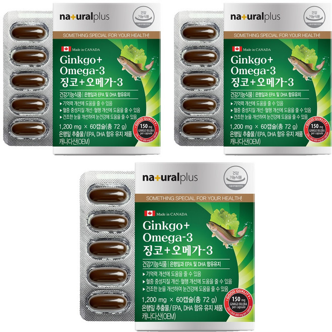 내츄럴플러스 징코 오메가3, 60정, 3개