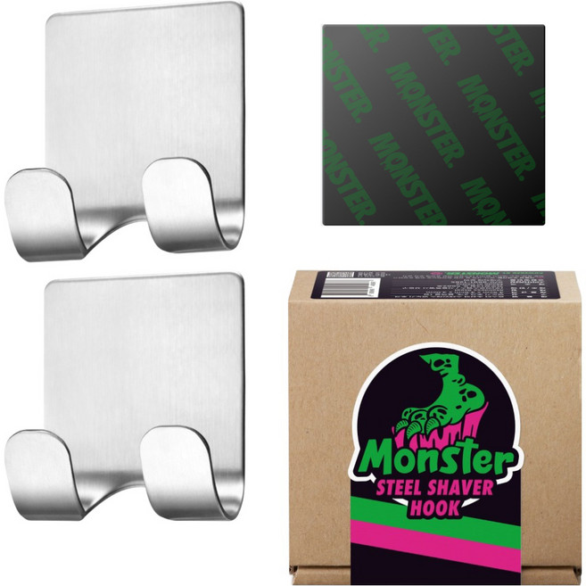 몬스터겔 무타공 스텐 304 위생 면도기 거치대 후크 2p + 블랙겔 1p, 실버, 1세트