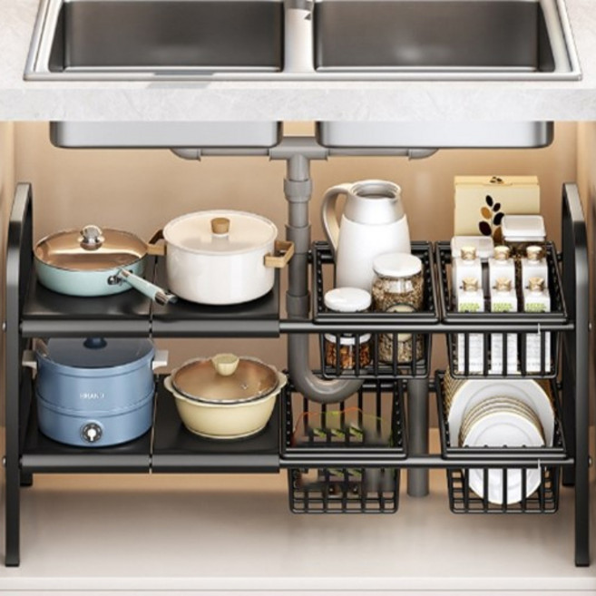 금깨비 싱크대 하부장 2단 정리대 언더 선반 4p + 바구니 4p 세트, B타입(블랙), 1개