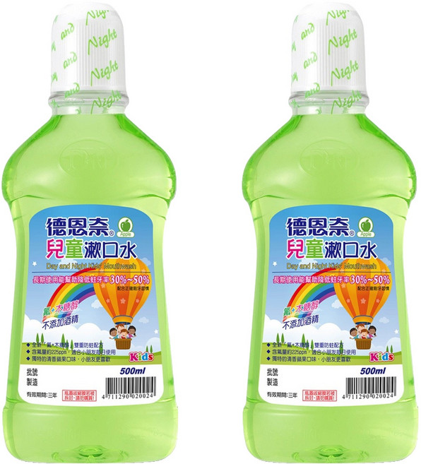 Day and Night 德恩奈 兒童漱口水 蘋果, 500ml, 2瓶