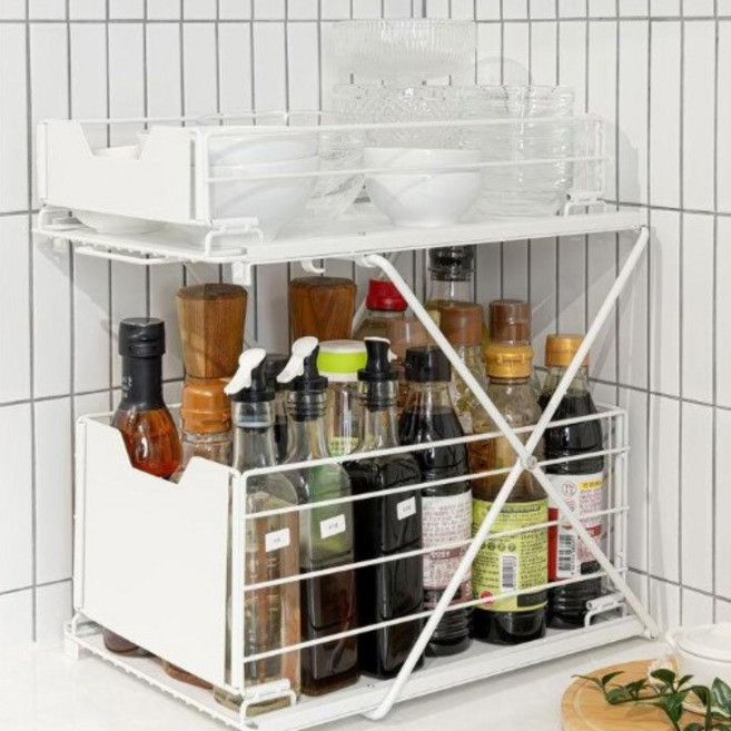 브이앤비리빙 싱크대 정리 수납 높이조절 2단 슬라이딩 선반, 화이트, 1개