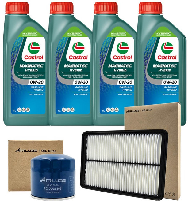 캐스트롤 마그네틱 하이브리드 OW20 1L x 4p + 엔진 오일 필터 + 에어필터 세트, 1세트, 더뉴아반떼 CN7 하이브리드 1.6 GDI HEV 2023년, 더뉴아반떼 CN7 하이브리드 1.6 GDI HEV 2023년