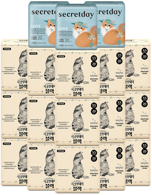 시크릿데이 블랙 일반 팬티라이너 생리대 20p x 15팩 + 러브 롱 팬티라이너 생리대 20p x 3팩 세트, 1세트