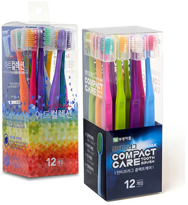 안티프라그 콤팩트케어 얇은헤드 칫솔 12p + 바른생활에이치앤비 아트컬렉션 초극세모 칫솔 12p, 1세트