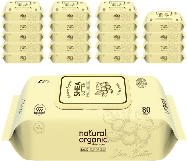 네츄럴오가닉 엠보싱 아기 물티슈 캡형 시어버터, 60g, 80매, 20개